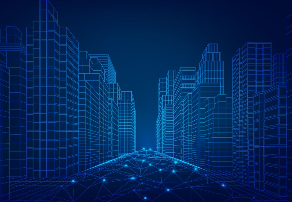 A blue digital wireframe of a city skyline with a glowing network of connected nodes forming a path through the center.